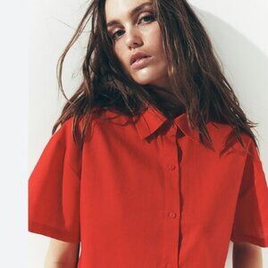 Express Linen-Blend Short Sleeve Cropped Shirt sz Large